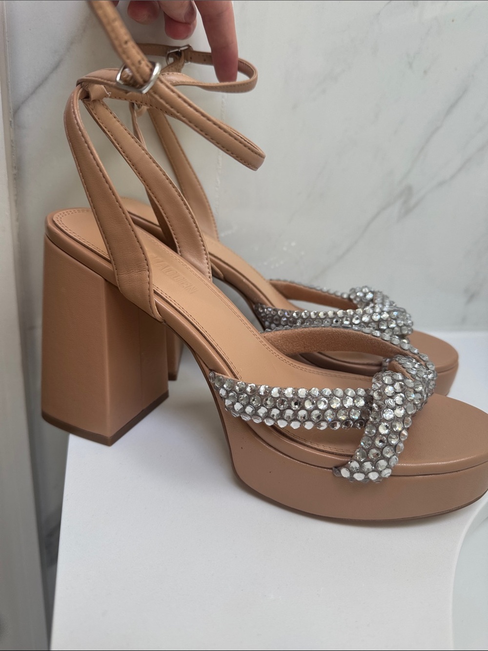 Steve Madden Nude Crystal Platform Block Heels